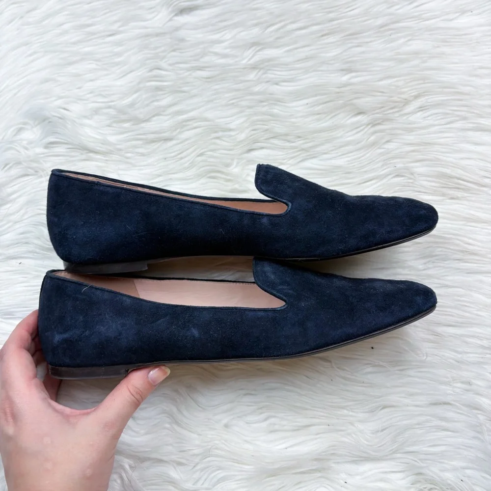 J. Crew Suede Smoking Slippers Pacific Navy Blue Leather Loafer Womens Size 9.5